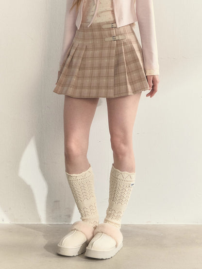 Vintage Plaid Wool Leather Buckle Pleated Skirt