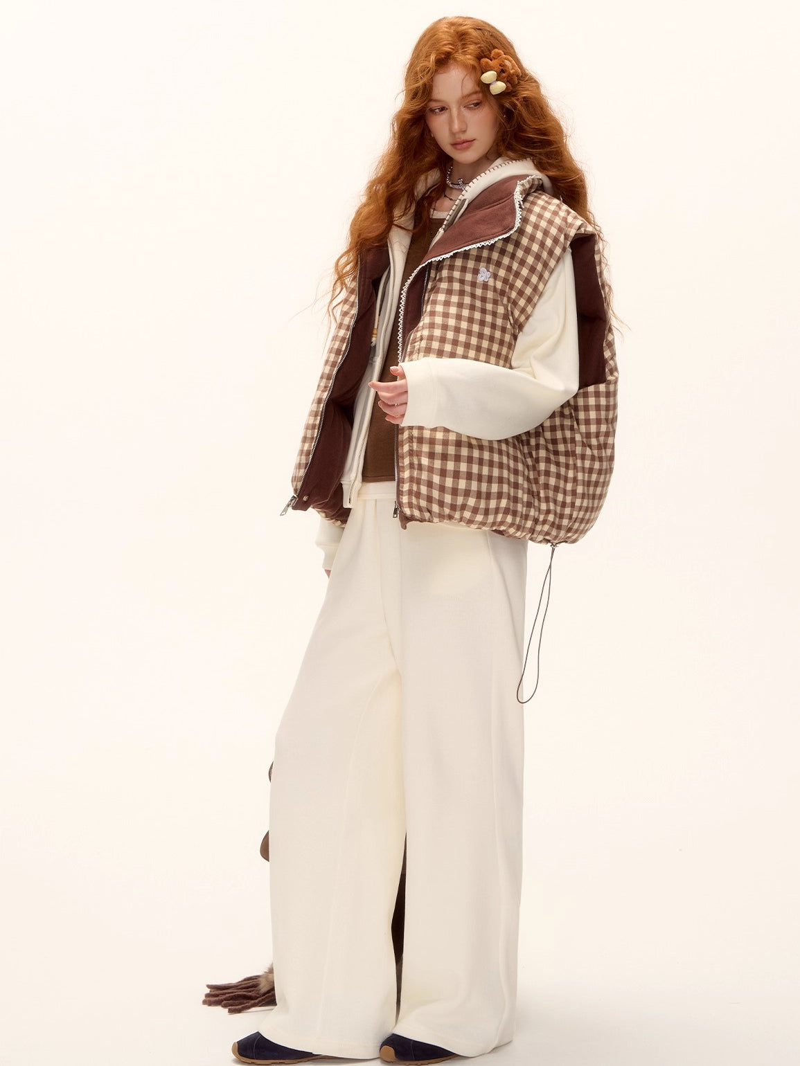 Reversible Plaid Lace-Trim Padded Vest