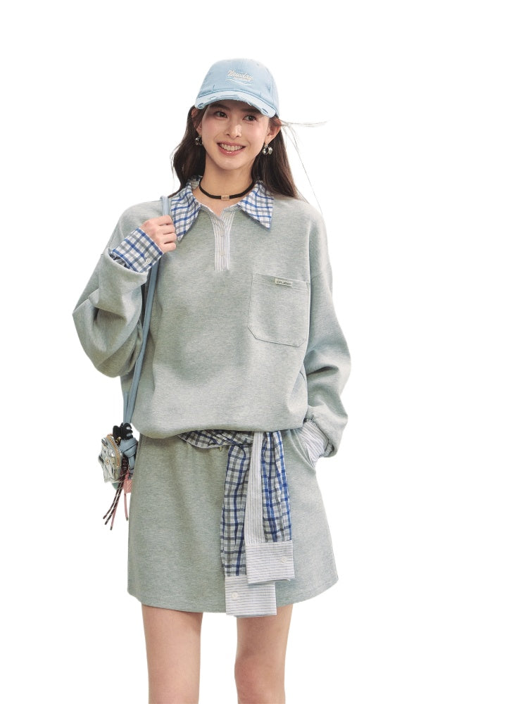 Fake Two-Piece Checkered Shirt Panel Sweatshirt
