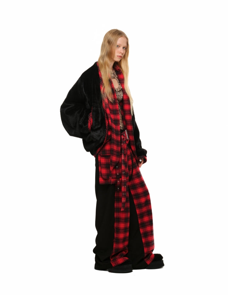 Plaid Color-Block Double-Waist Wide-Leg Pants