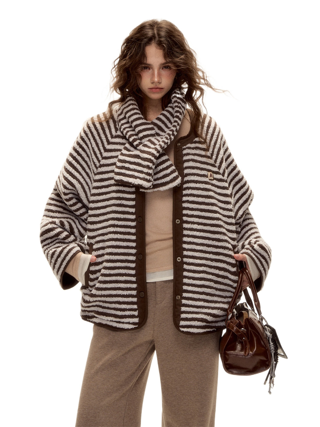 Reversible Striped Faux Scarf Detail Shearling Jacket