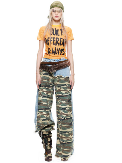 Camouflage Panel Distressed Washed Jeans
