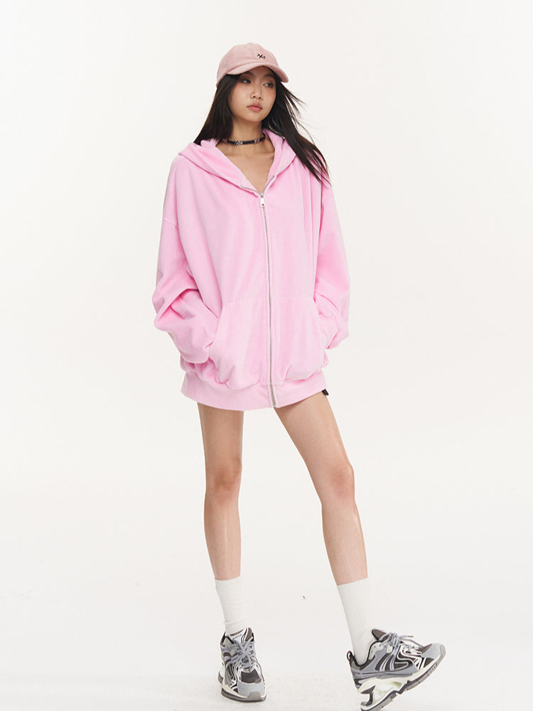 Pink Velvet Drawstring Oversized Hoodie