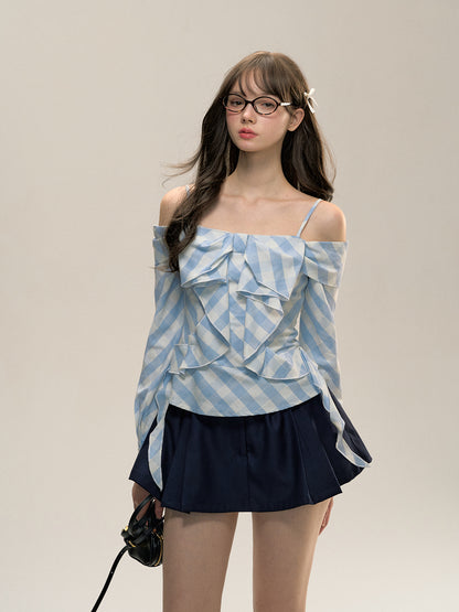 Blue Checkered Detachable Sleeve Off-shoulder Shirt