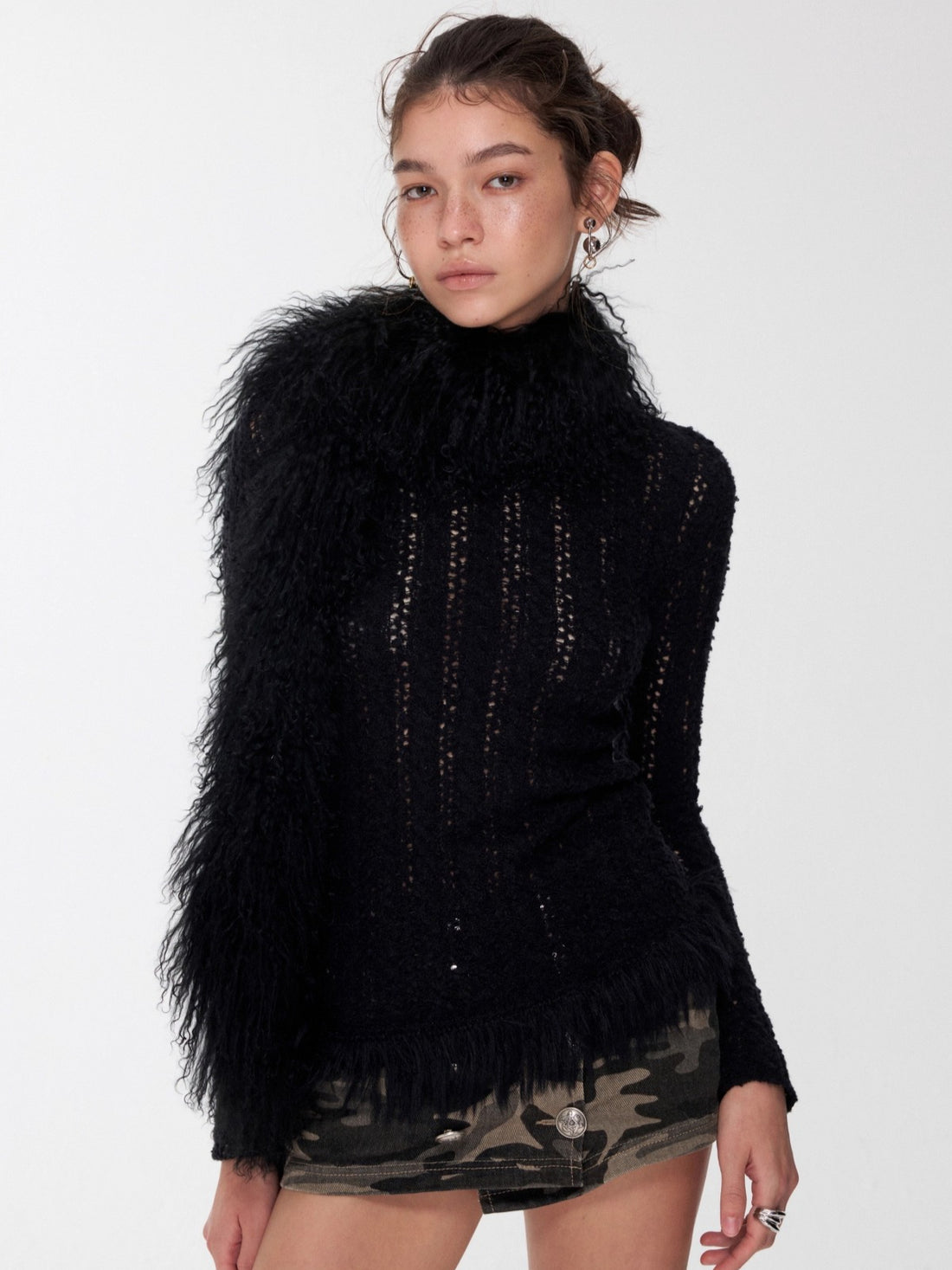 Cable-Knit Faux-Fur Trim Fitted Sweater