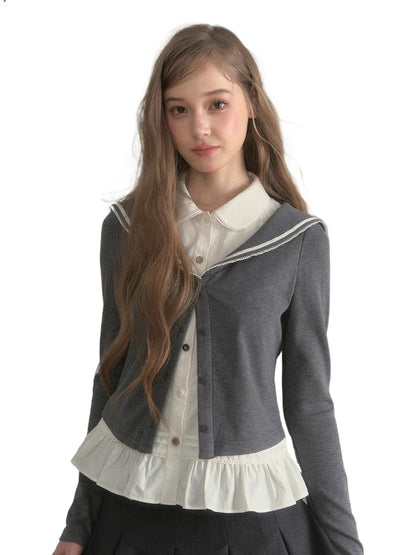 Sailor Collar Academia Style Layered Knit Blouse