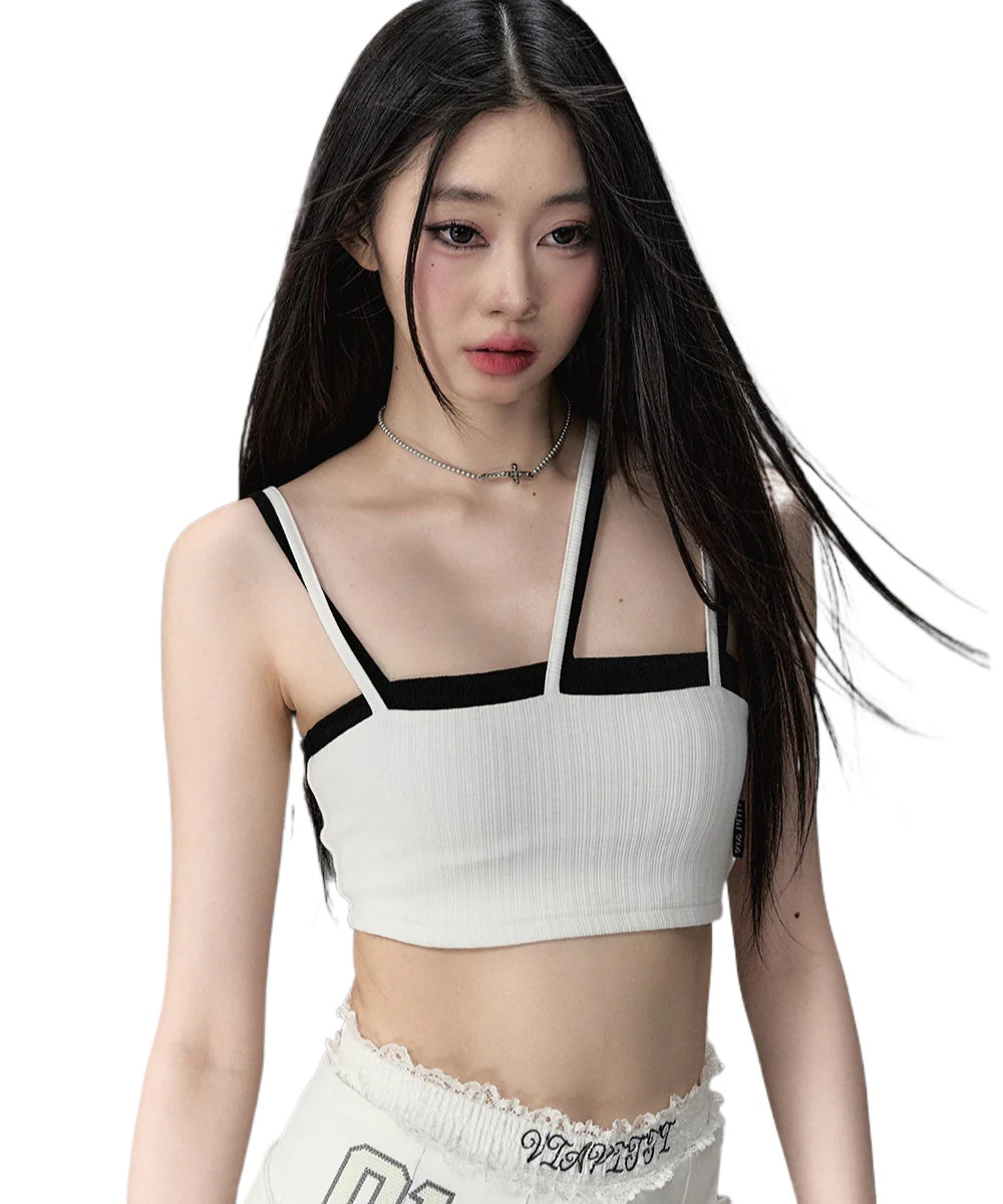 White &amp; Black One-shoulder Tank Top - CHINASQUAD
