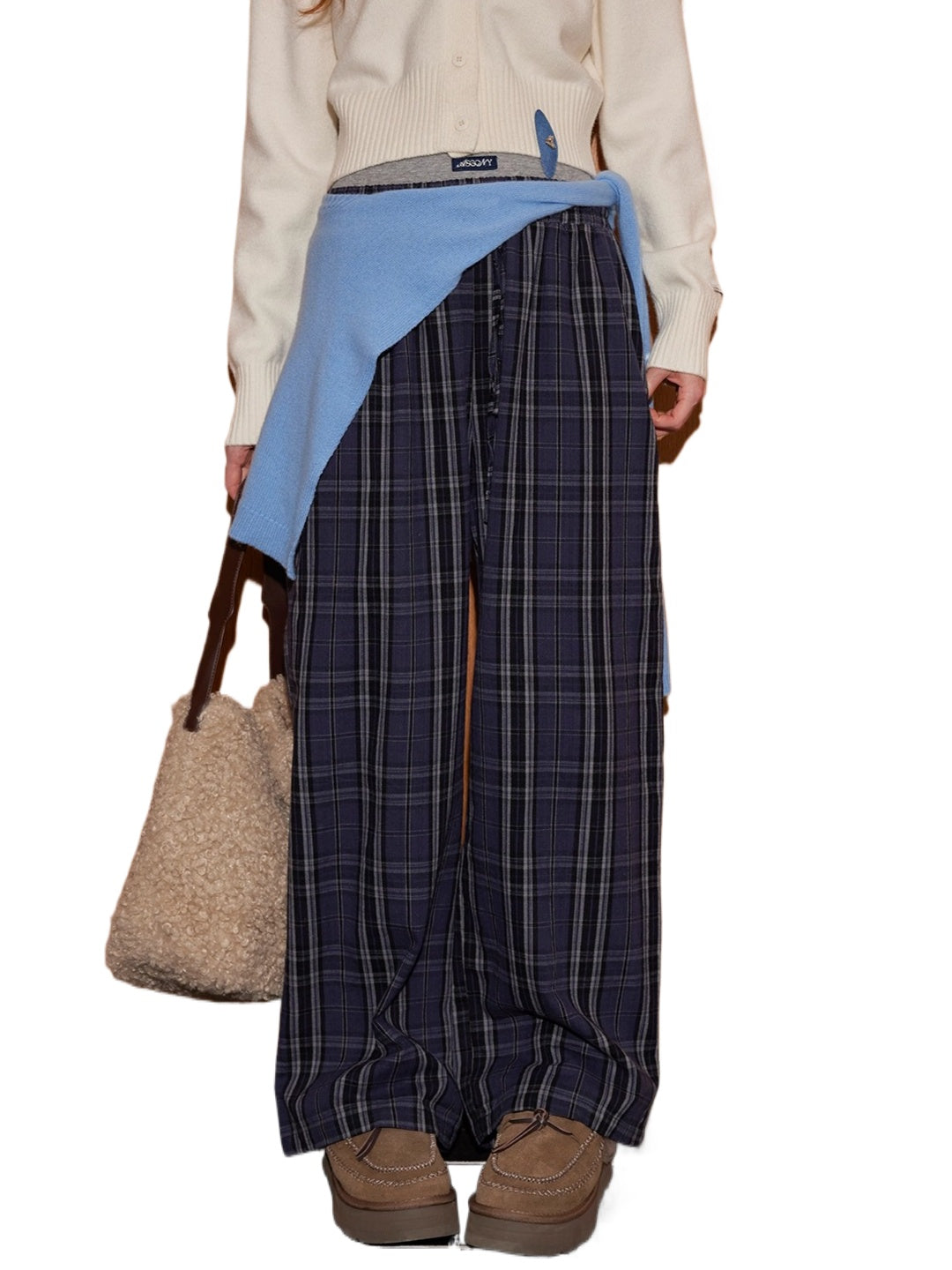 Plaid Patchwork Double-Waist Relaxed Straight Pants