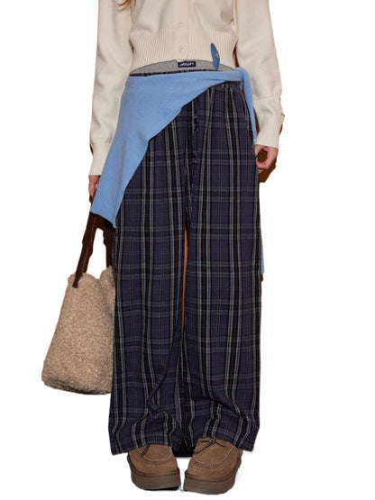 Plaid Patchwork Double-Waist Relaxed Straight Pants