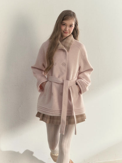 Khaki &amp; Misty Pink Plaid Collar &amp; Belt  Wool Coat