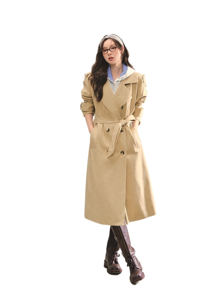 Embroidered Lapel KhakiTrench Coat
