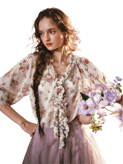 Wisteria Whisper French Romantic Floral Chiffon Shirt