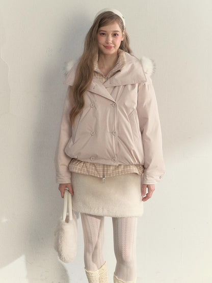 Khaki &amp; Pink Double-Breasted Layered Down Jacket