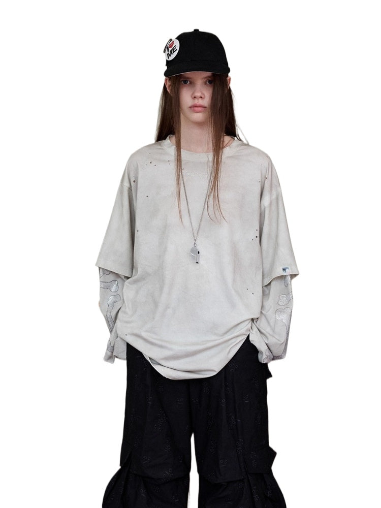 Rhinestone Logo Fake Two-piece Washed T-shirt