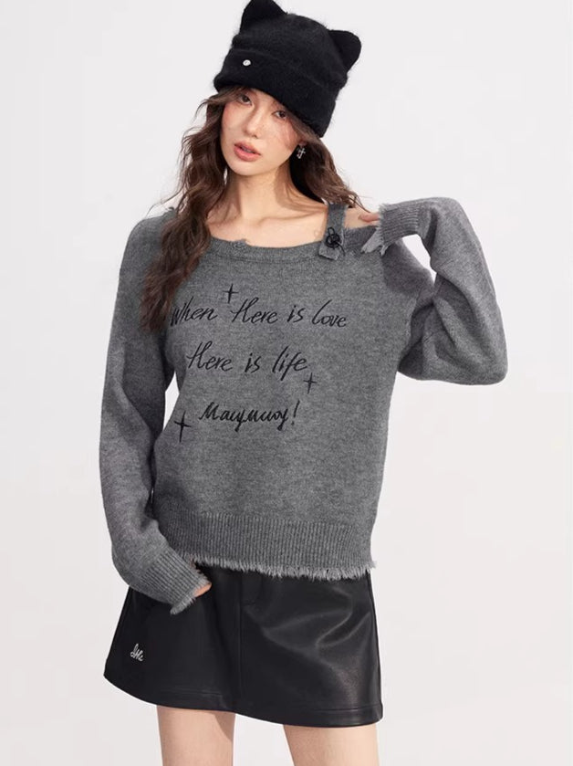 Deconstructed Off-Shoulder Embroidered Knit Sweater