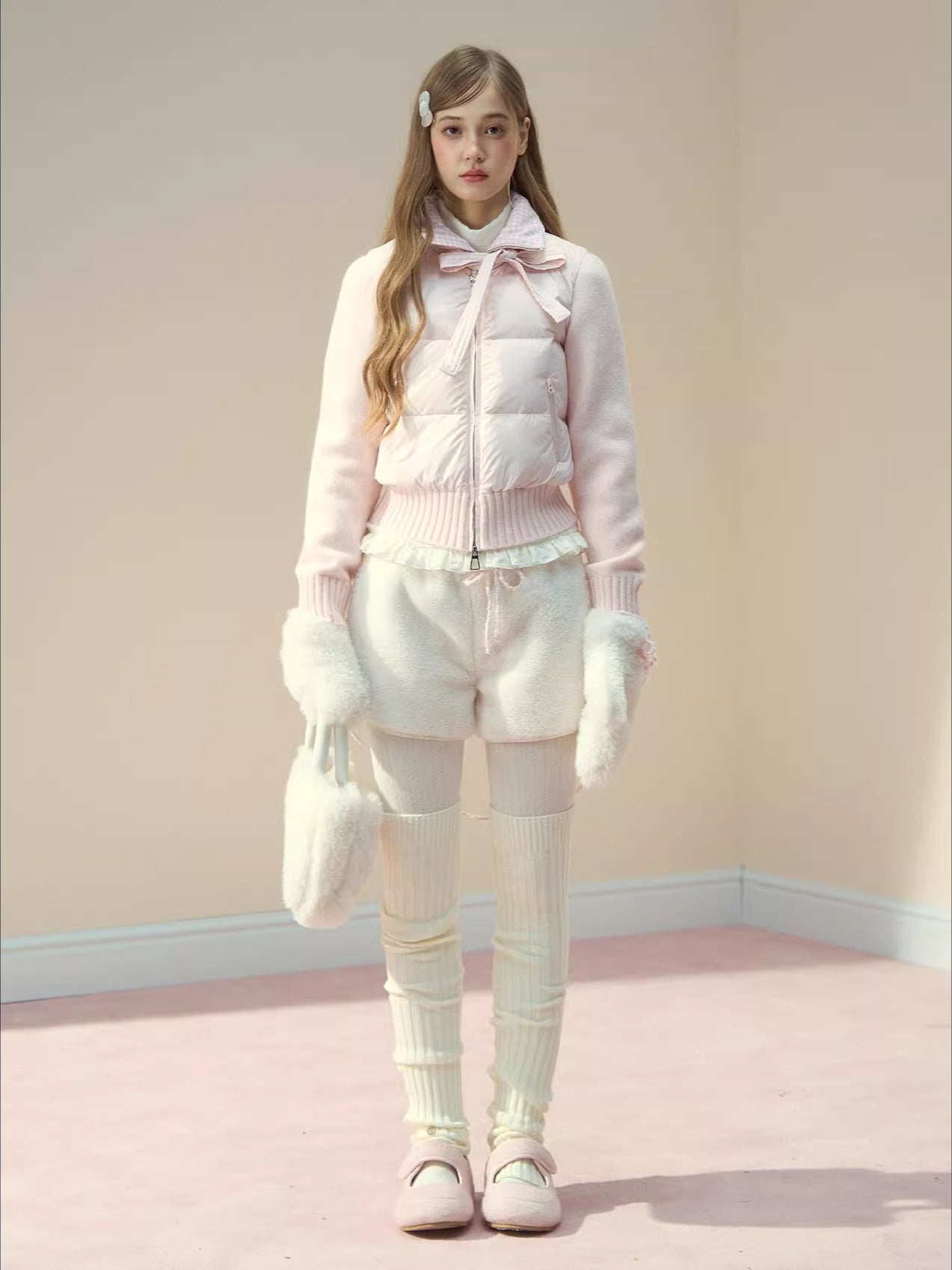 Cream Knit-Panel Down Jacket