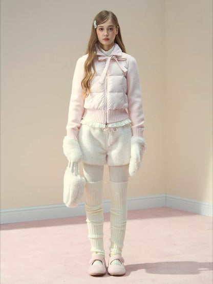 Cream Knit-Panel Down Jacket