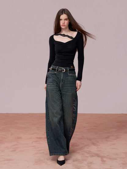 Embellished Rhinestone Vintage Wide-Leg Jeans