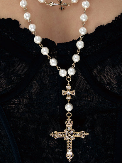 Double-Layered Pearl Fleur-de-Lis Cross Long Necklace