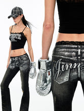 Black Embroidered Silver-Stamped Flared Jeans - CHINASQUAD