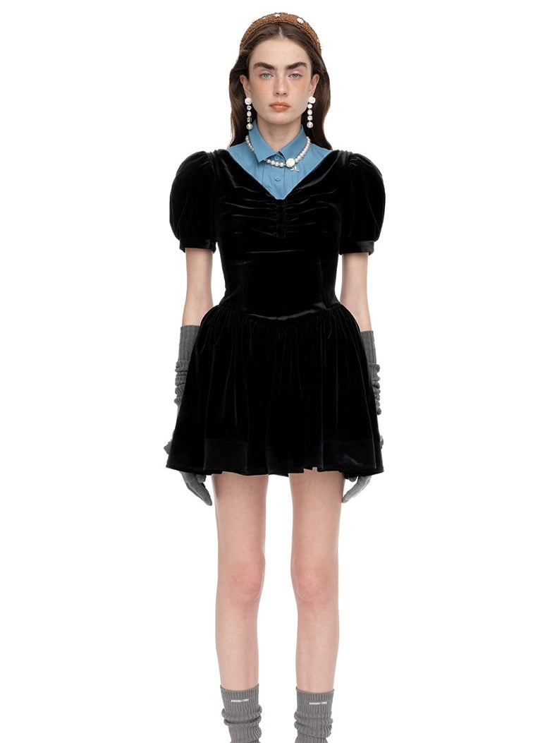 Ruched Puff-Sleeve V-Neck Mini Dress