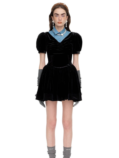 Ruched Puff-Sleeve V-Neck Mini Dress