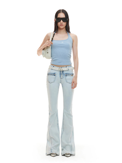 Braided Detail Mid-Rise Slim Flared Denim Jeans