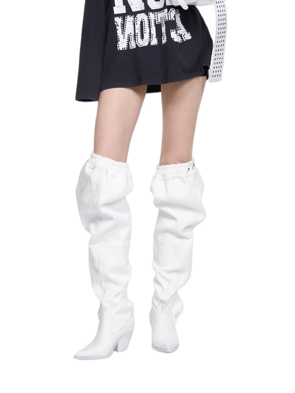 Slimming Slouchy Printed Denim Heeled Boots