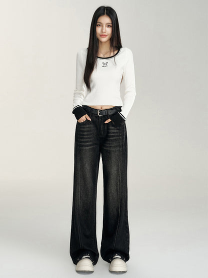 Heart-Patterned Fleece-Lined Wide-Leg Denim Pants