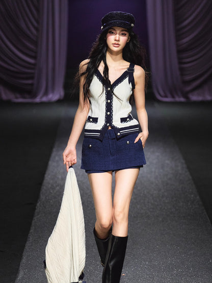 Contrast-Trim Knit Cardigan &amp; Vest Set