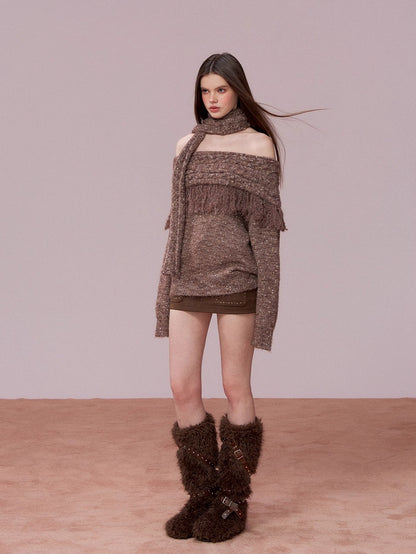 Fringe Knit Sweater &amp; Scarf Set