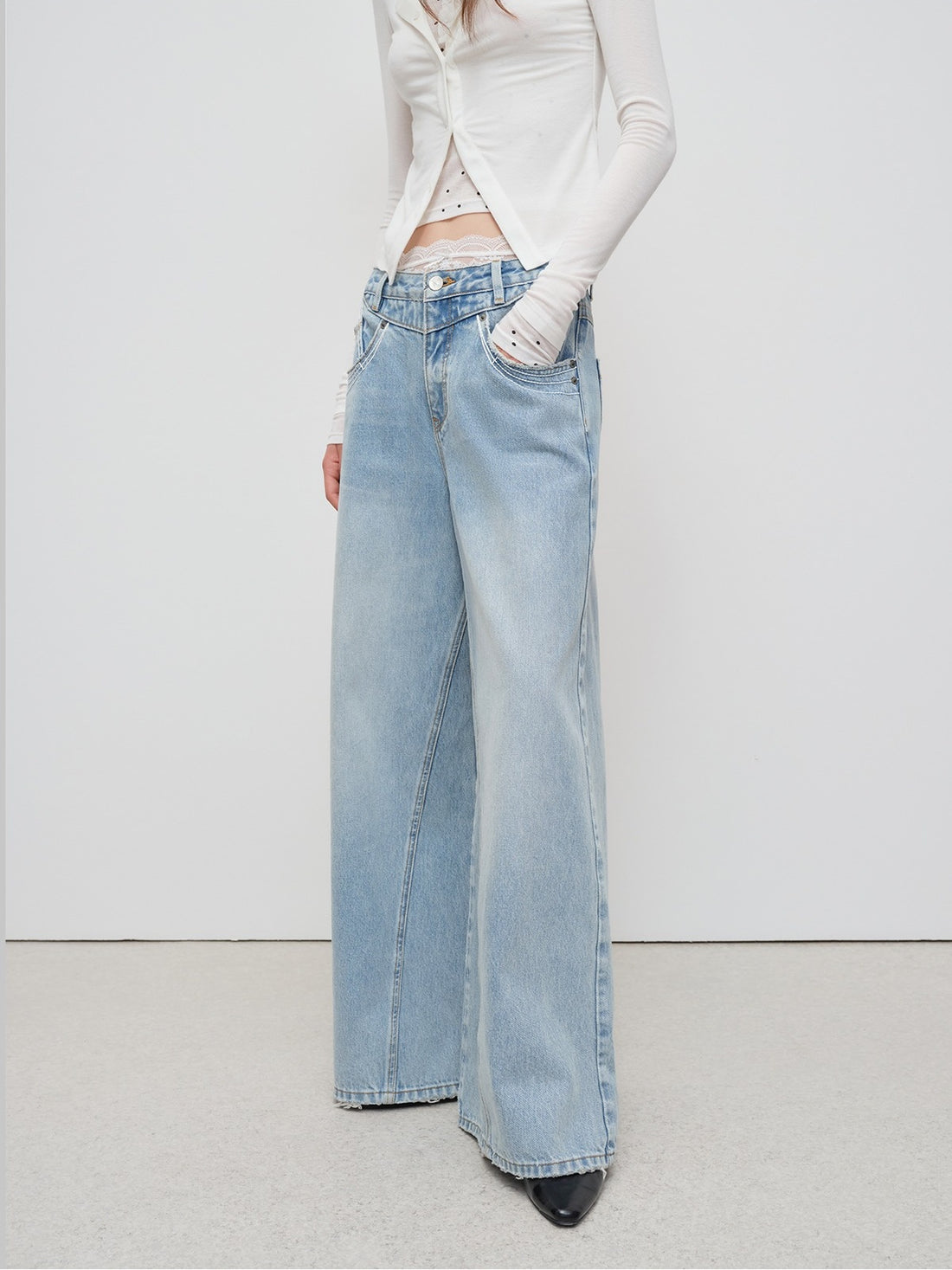 Light Blue Structured Wide-Leg Denim Pants