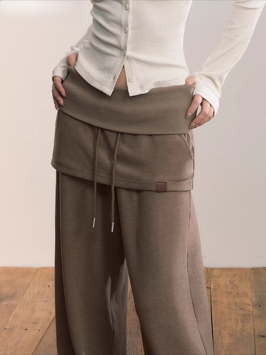 Folded Waist Skirt-Hem Wide-Leg Sweatpants