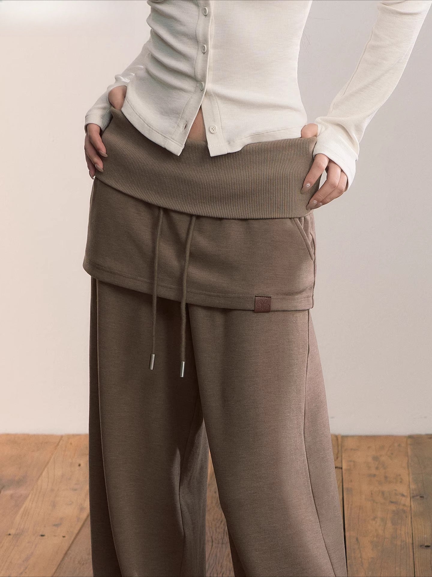 Folded Waist Skirt-Hem Wide-Leg Sweatpants