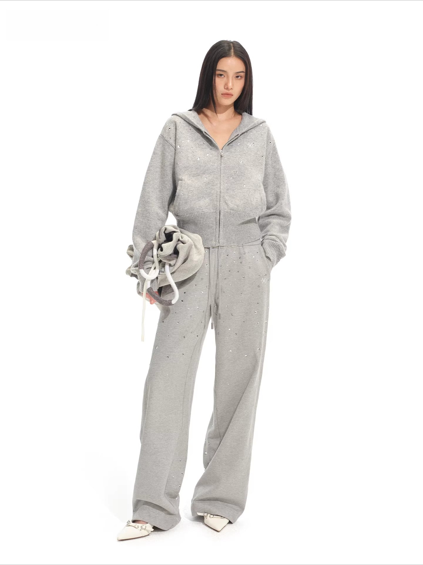 Gradient Rhinestone Cotton Knit Wide-Leg Pants