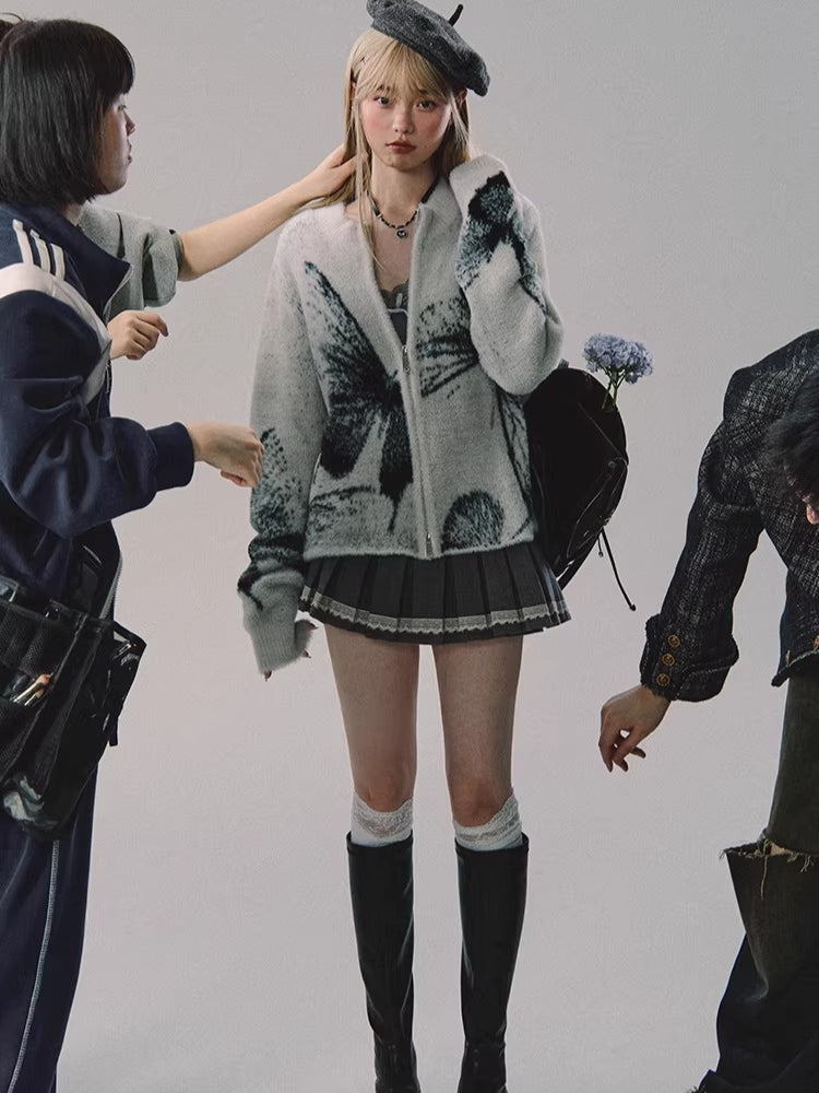 Double-Zip Jacquard Knit Cardigan