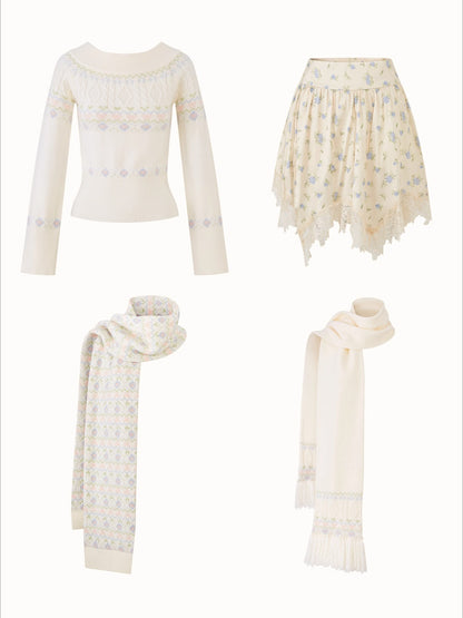 Cosagach Fair Isle Knit Crewneck &amp; Floral Skirt Set