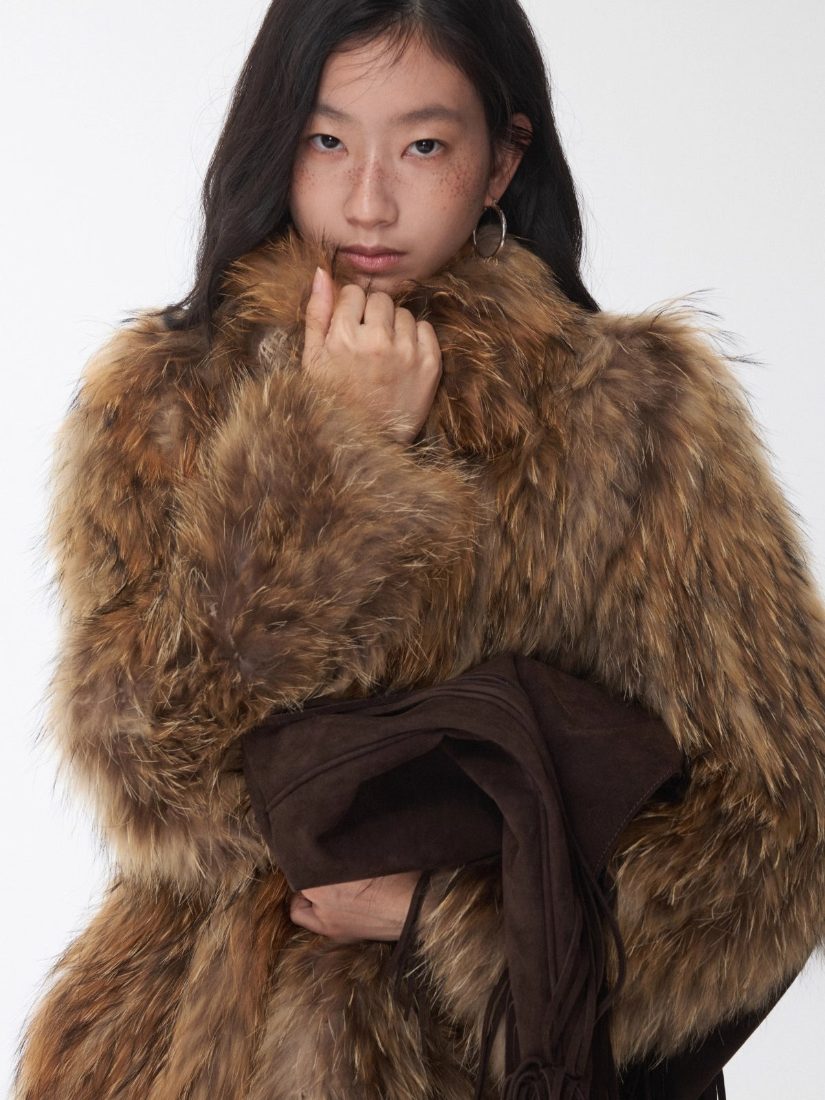 Raccoon Fur Oversized Lapel Woven Coat