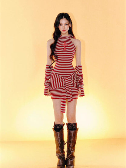 Cross Mesh Cut-Out Striped Knit Dress