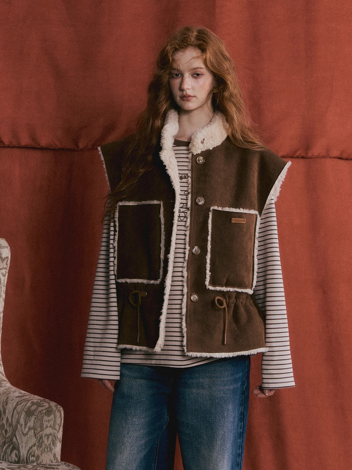 Reversible Faux Shearling Suede Drawstring Vest