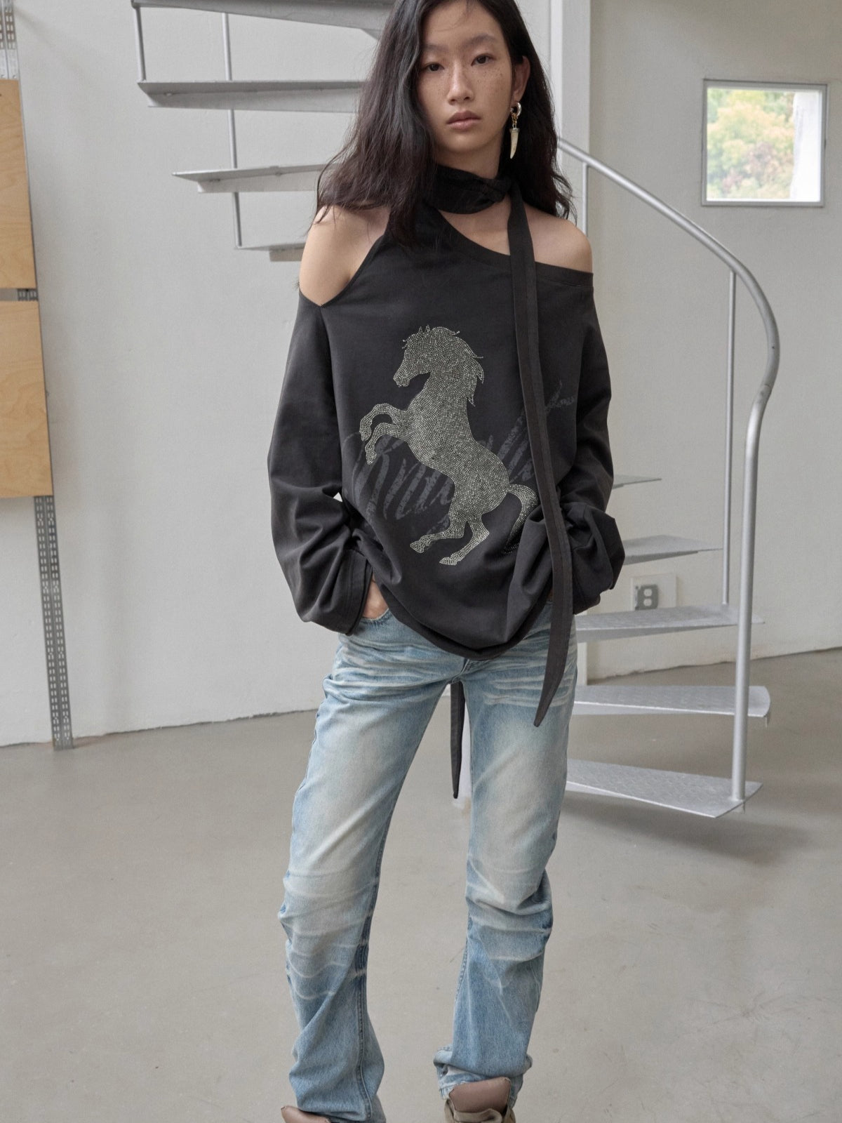 Rhinestone Shoulder-Tie Oversized Sweatshirt