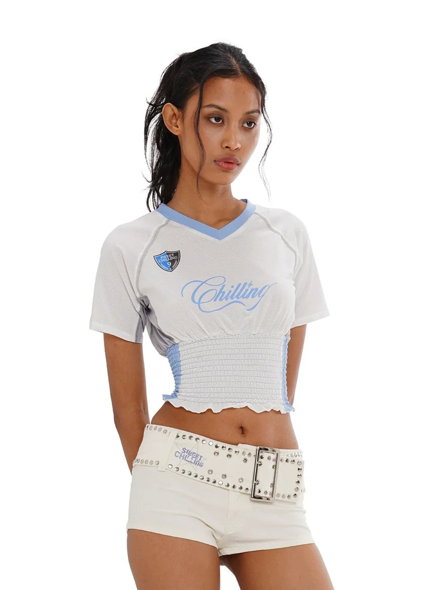 White &amp; Blue V-neck Smocked Jersey Baby Tee