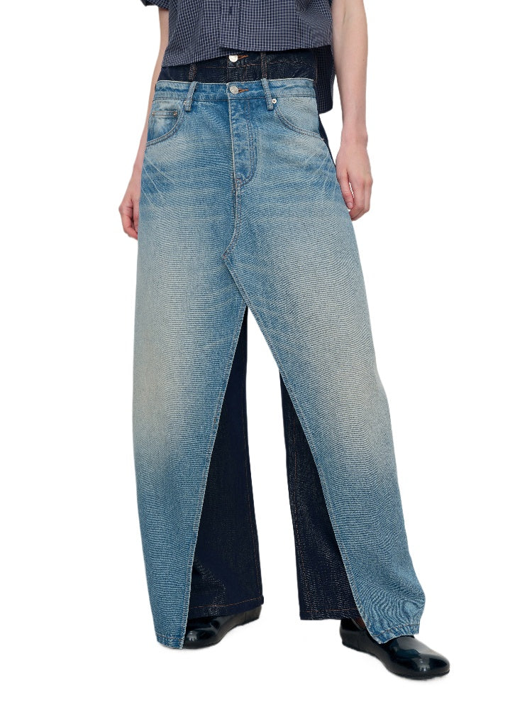 Spliced Fake Two-Piece Wide-Leg Jeans - CHINASQUAD