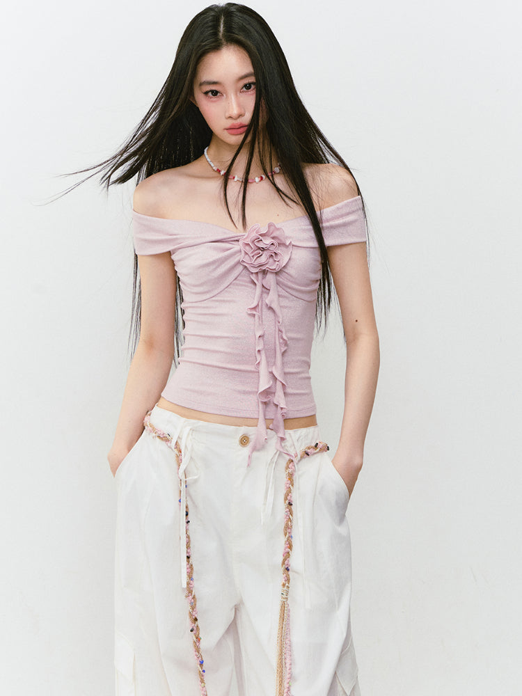 3D Rose One-shoulder Short-sleeve T-shirt