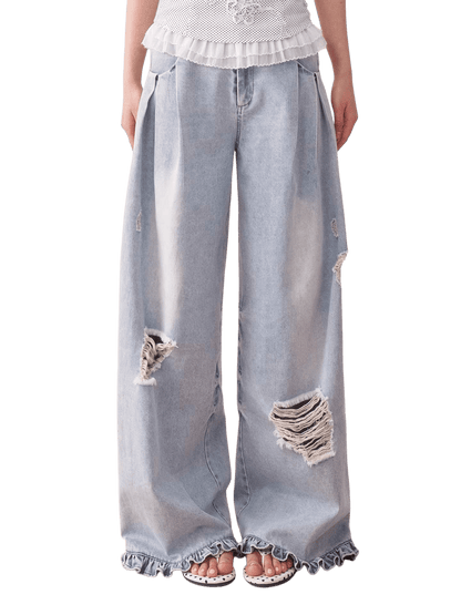 Vintage Distressed Wide-Leg Denim Jeans