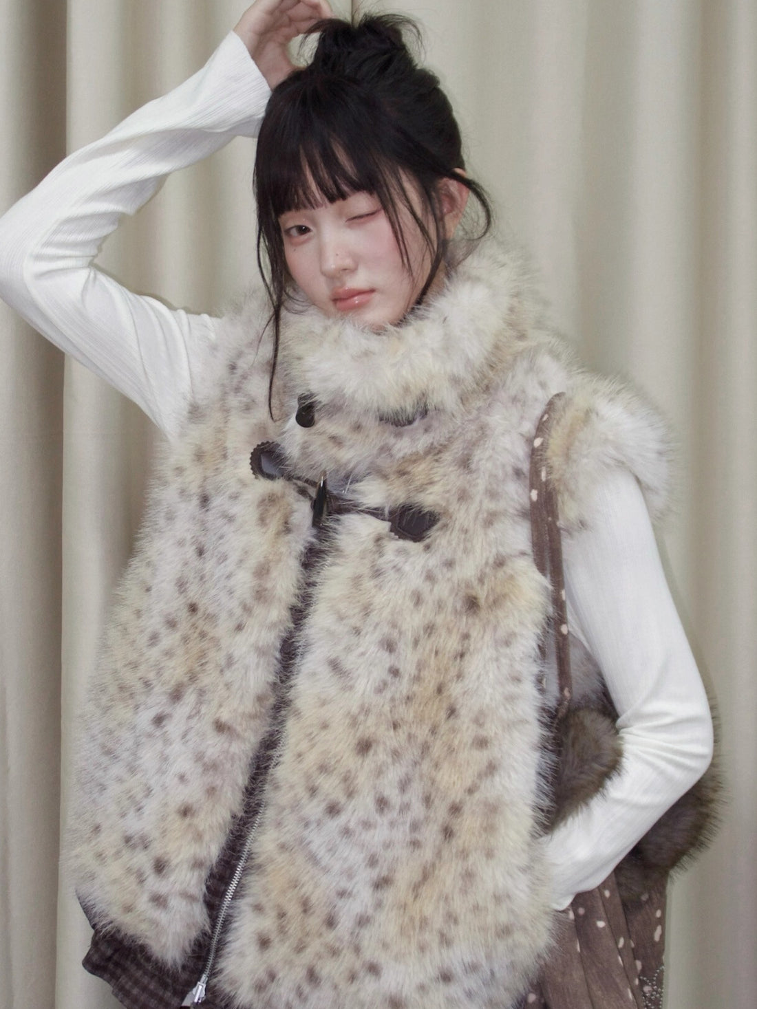 Faux Fur Leopard-Panel Lace-Trim Vest