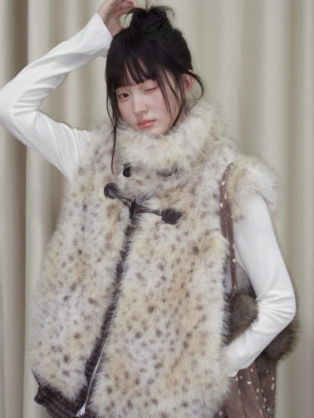 Faux Fur Leopard-Panel Lace-Trim Vest