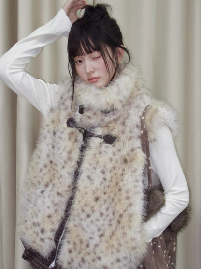 Faux Fur Leopard-Panel Lace-Trim Vest