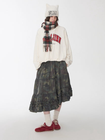Camouflage Raw-Edge Ruched Layered Skirt