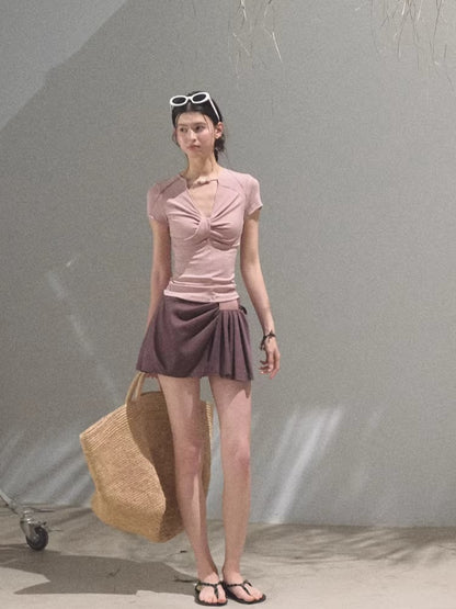 Leather Patch Lyocell–Linen A-Line Skirt